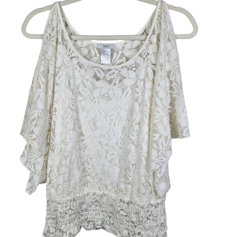 Halo Ivory Lace Cold Shoulder Peasant Blouse Dolman Sleeves Size Large‎